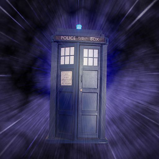 Tardis blue police box from Doctor Who appearing to move through space. The stylized photo is a purplish blue.